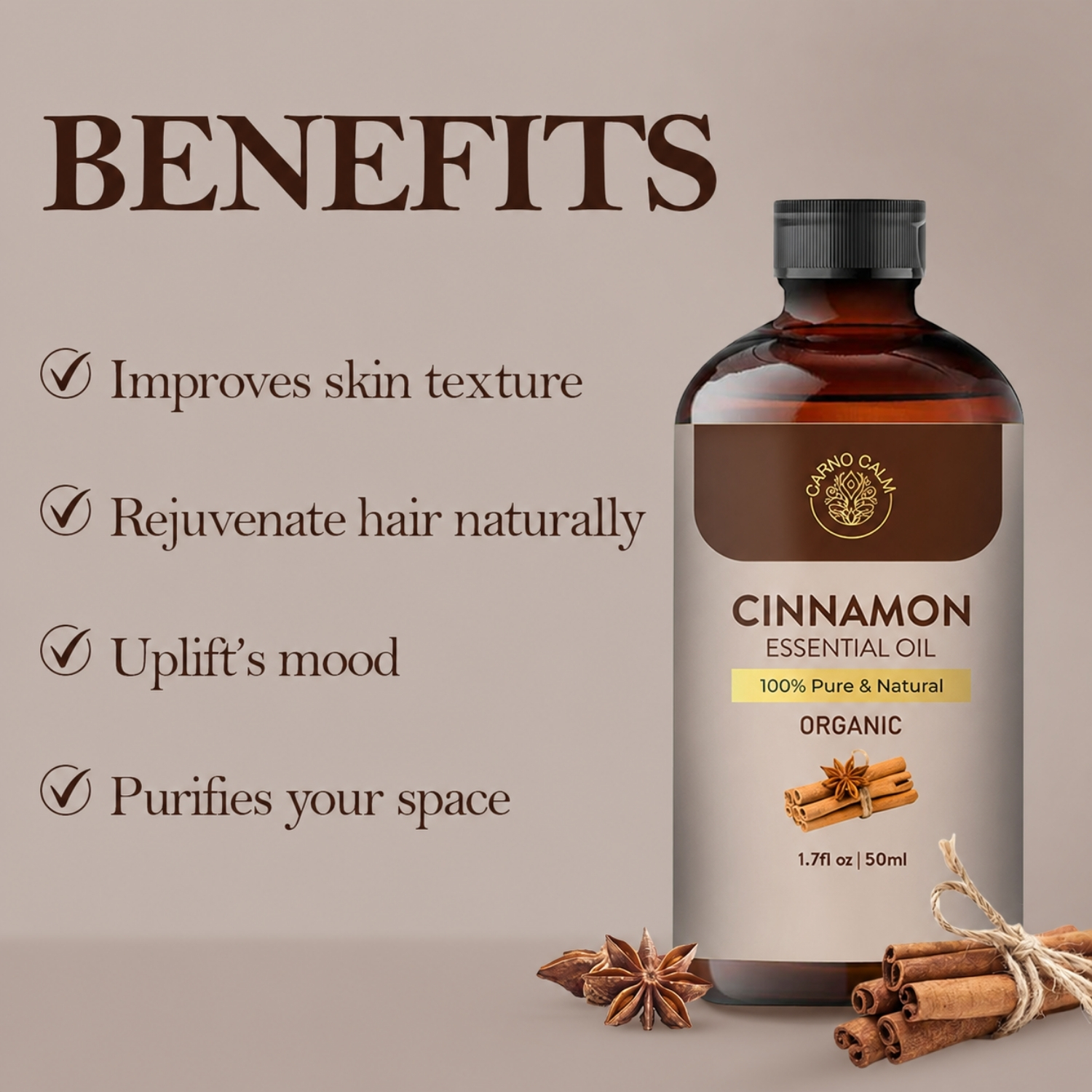 Carno Calm Organic Cinnamon Essential Oil 50 ml, 100% Pure Steam Distilled - Image 4